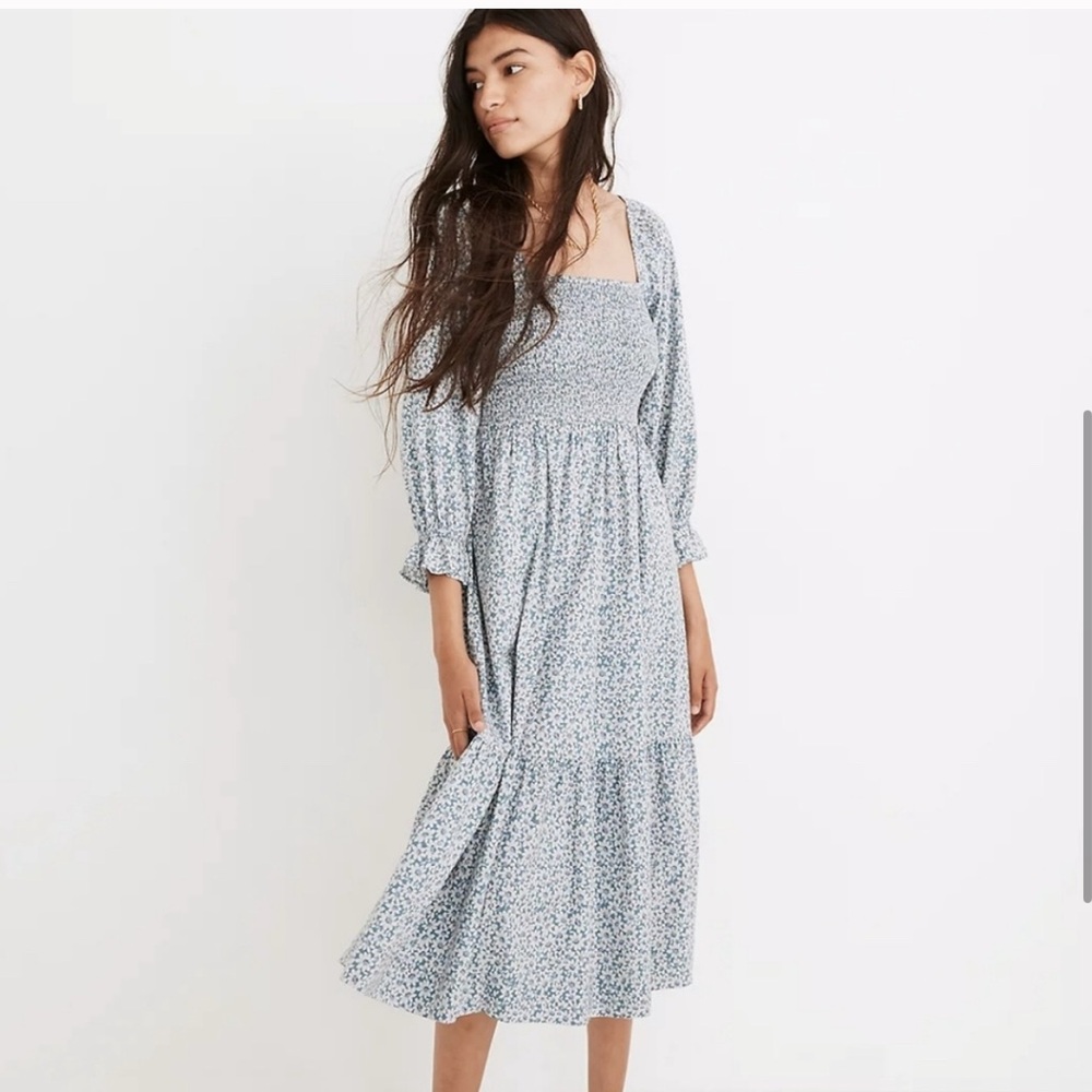 Madewell Lucie Elbow-Sleeve Smocked Midi Dress